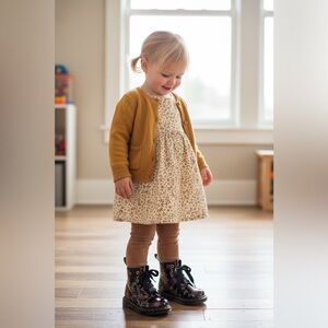 Dr. Martens Child Black Floral Combat Boots sz 11 in box